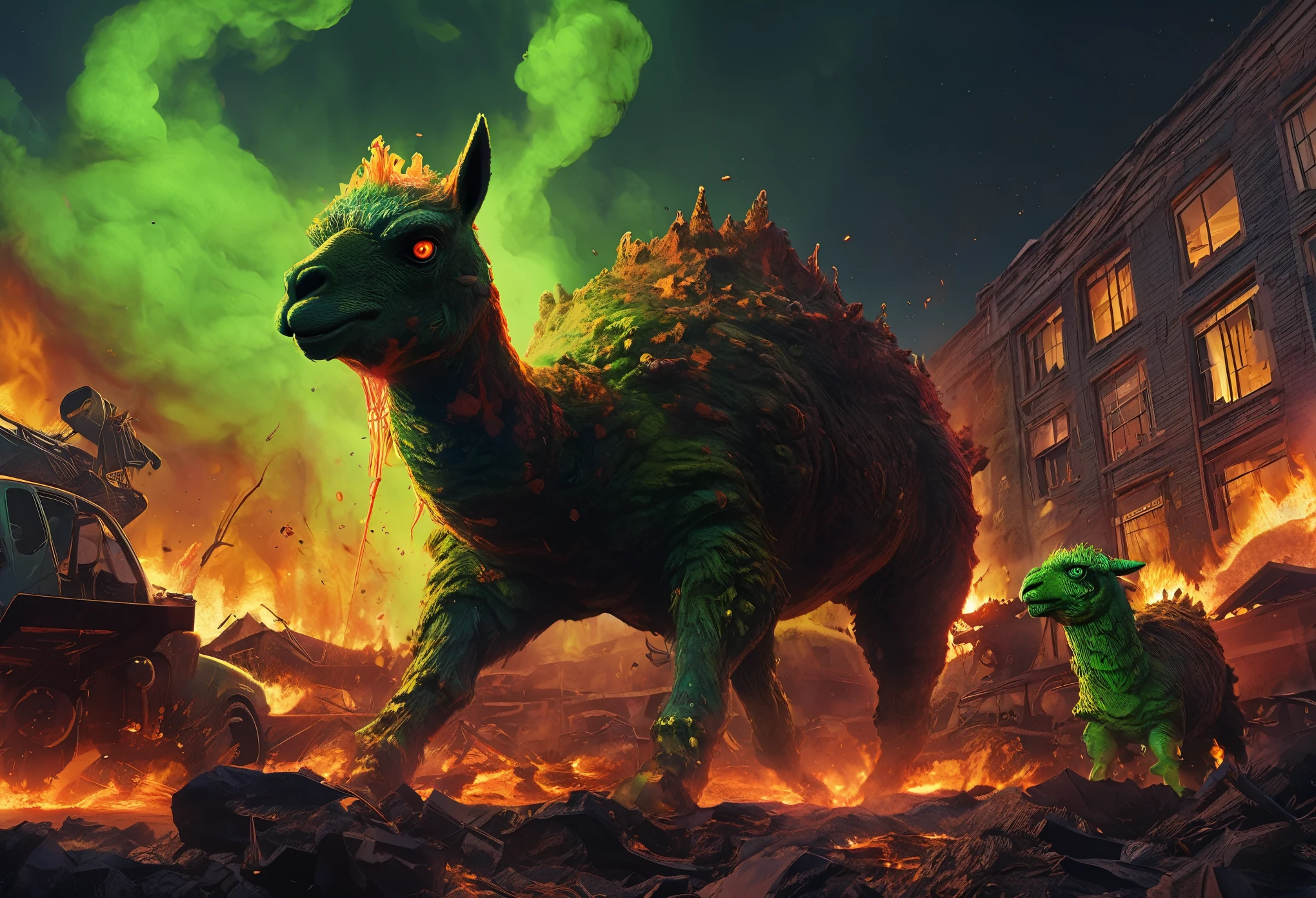 (high quality,realistic,ultra-detailed),(complex, multiple subjects),(subject 1:creep radioactive green Alpaca kaiju with glowing backlit eyes and sharp teeth), (subject 2: creepy lava toad kaiju emerging from a fiery crater,giant tentacles flailing),destructive battle,burning buildings and shattered glass,panicked crowd fleeing,the ground shaking under their colossal feet,flaming debris filling the air,neon lights reflecting off the chaos,streaks of radioactive fire illuminating the night sky,toxic smoke billowing from the clash,evoking a sense of dark horror and impending doom,portraits,nightmarish landscapes,surreal photography,ominous color palette,shadowy and atmospheric lighting