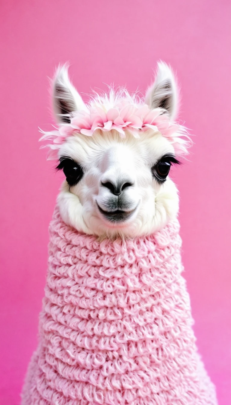 cute llama ffffffffffffffffffff, in the style of gossamer fabrics, feminine sensibilities, pinkcore, luxurious fabrics, cartoony characters, kimoicore, cultural motifs