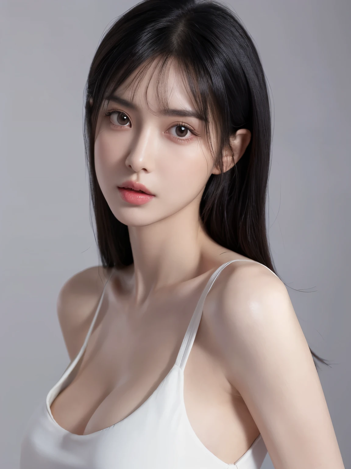 (lifelike,high resolution:1.3), Slim girl, The face shape and eyes are super delicate,Black Hair,Ruddy and shiny lips,(Pretty Face), (best quality), (Ultra Detailed), (Extremely detailed CG unified 8k wallpaper),((Backless dress)),(White background),(A little cleavage),(Model Photos),sexy look,big eyes,(permanent),(Air bangs),(Slim waistline),Eyes on the audience,Teardrop-shaped breasts,soft breasts,Very real breasts,Character centered,Black Hair,pitiful expression