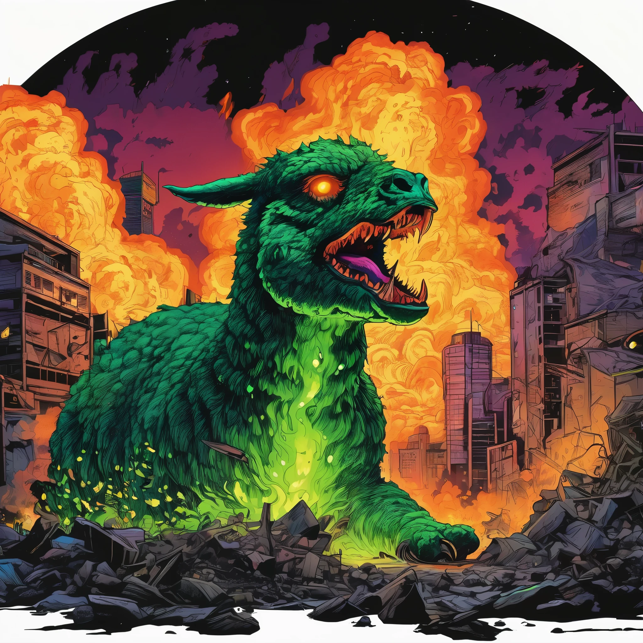 (high quality,realistic,ultra-detailed),(complex, multiple subjects),(subject 1:creep radioactive green Alpaca kaiju with glowing backlit eyes and sharp teeth), (subject 2: creepy lava toad kaiju emerging from a fiery crater,giant tentacles flailing),destructive battle,burning buildings and shattered glass,panicked crowd fleeing,the ground shaking under their colossal feet,flaming debris filling the air,neon lights reflecting off the chaos,streaks of radioactive fire illuminating the night sky,toxic smoke billowing from the clash,evoking a sense of dark horror and impending doom,portraits,nightmarish landscapes,surreal photography,ominous color palette,shadowy and atmospheric lighting