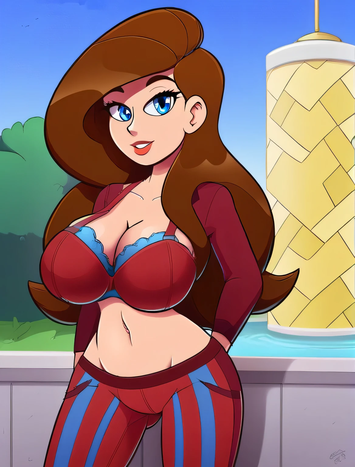 A tall girl, beautiful, big breast, long brown hair, blue eyes, wearing a red to blue bra, showing her navel and blue to red striped mesh pants.