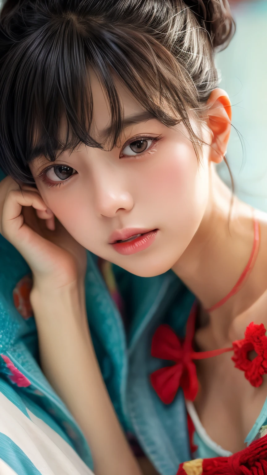 (masterpiece、highest quality、Official Art:1.2)、(colorful)、who should look'Watching、1 girl、Portraiture、alone、Colorful floating on water、Random sexy poses、peekaboo、Pointing to the cheek