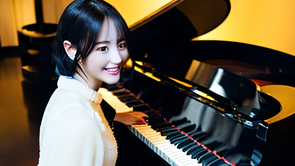 Realistic cute girl。Black Hair Semi-Long。Playing the piano。