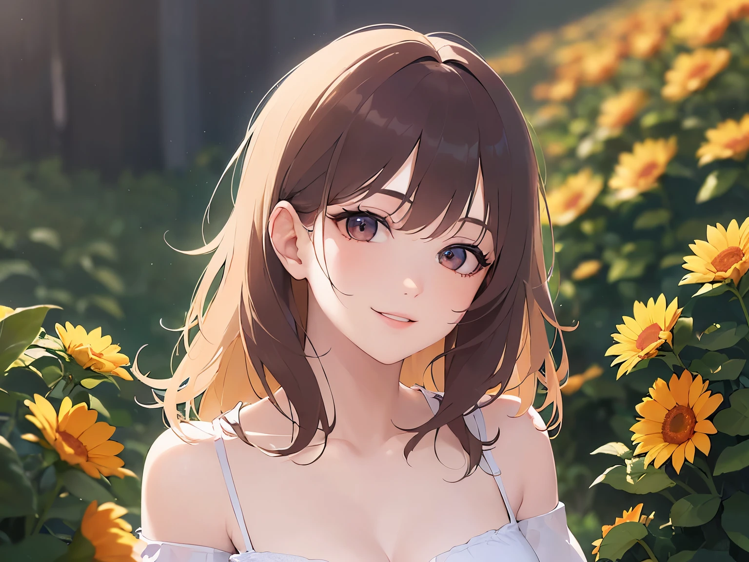 head tilt、Upper Body, Realistic, real person, (pale skin: 1.2), RAW photo, photorealistic, portrait photography, shiny skin, shiny hair、(25 year old woman with medium hair with bangs) and (wavy hair) and (brown hair) and (orange eyes) , (Orange) and (Off-the-shoulder blouse)、(smile:1.3), Bold composition、background is outside、garden、Cleavage