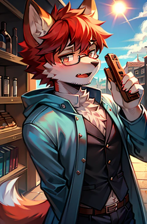 Venue, shop, Good bandage, short hair, ,,Lower Body, ,hairy, wolf ears, open mouth, cloud, Sky, Sky, sun, In the summer, No spots, cubs, Redheads everywhere, There&#39;s hair everywhere, wolf ears, Wolf type, hairy大尾巴, masterpiece, High quality portrait, number, cub, beard,  Boys, Wind, posture, panoramic, Sky blue coat, detective uniform,, super cute face, hand, Meat pad, Layered, hairy，wear glasses,Red hair all over the body,short hair,The eyes are gray，White belly，The tip of the tail is white，Holding a gun and posing in a cool way，A bit sad