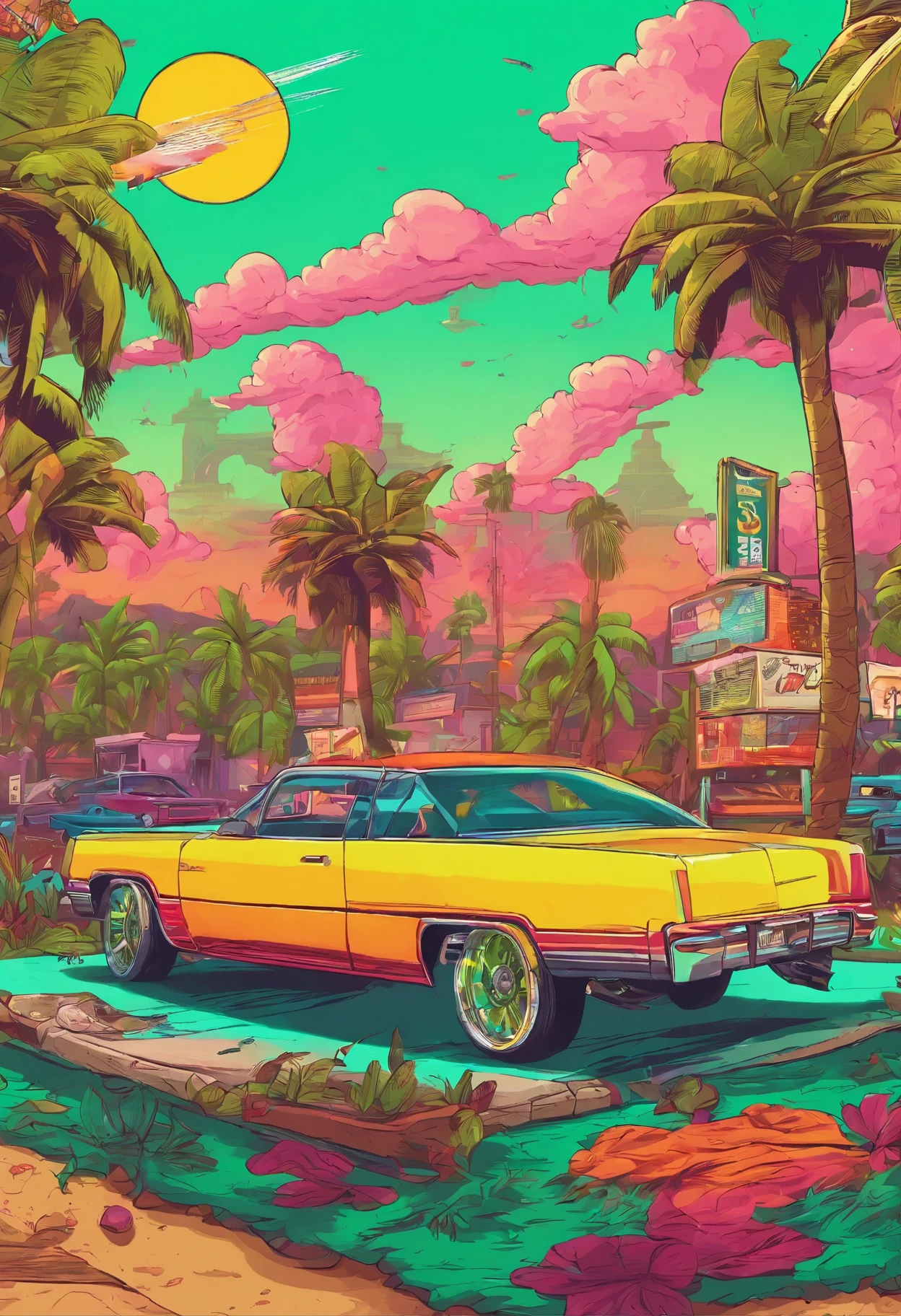 Paisaje de la ciudad mientras se pone el sol en el parque con el barrio y un auto lowrider verde
