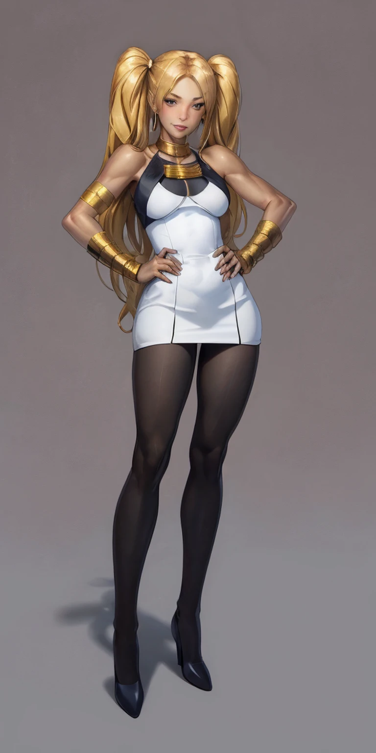 full body standing straight symmetrical, huge cowboy shot, solo 1MILF, lustful smirking smile face, looking at viewer, hands on hips, twin tails, twin drills, dress, striped pantyhose, metal handcuffs on their hands with a black metal slave collar around her neck, cowbell attached to the choker, sleeveless, black stockings, golden tiara