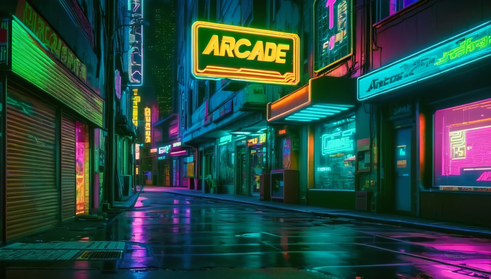 an 80s 90s Arcade seeing from outside, front, with "ARCADE" on a liminous sign, in a cyberpunk city, at night, ultra HD 4k, super detailed, everything looks perfectly made, cozy vibe