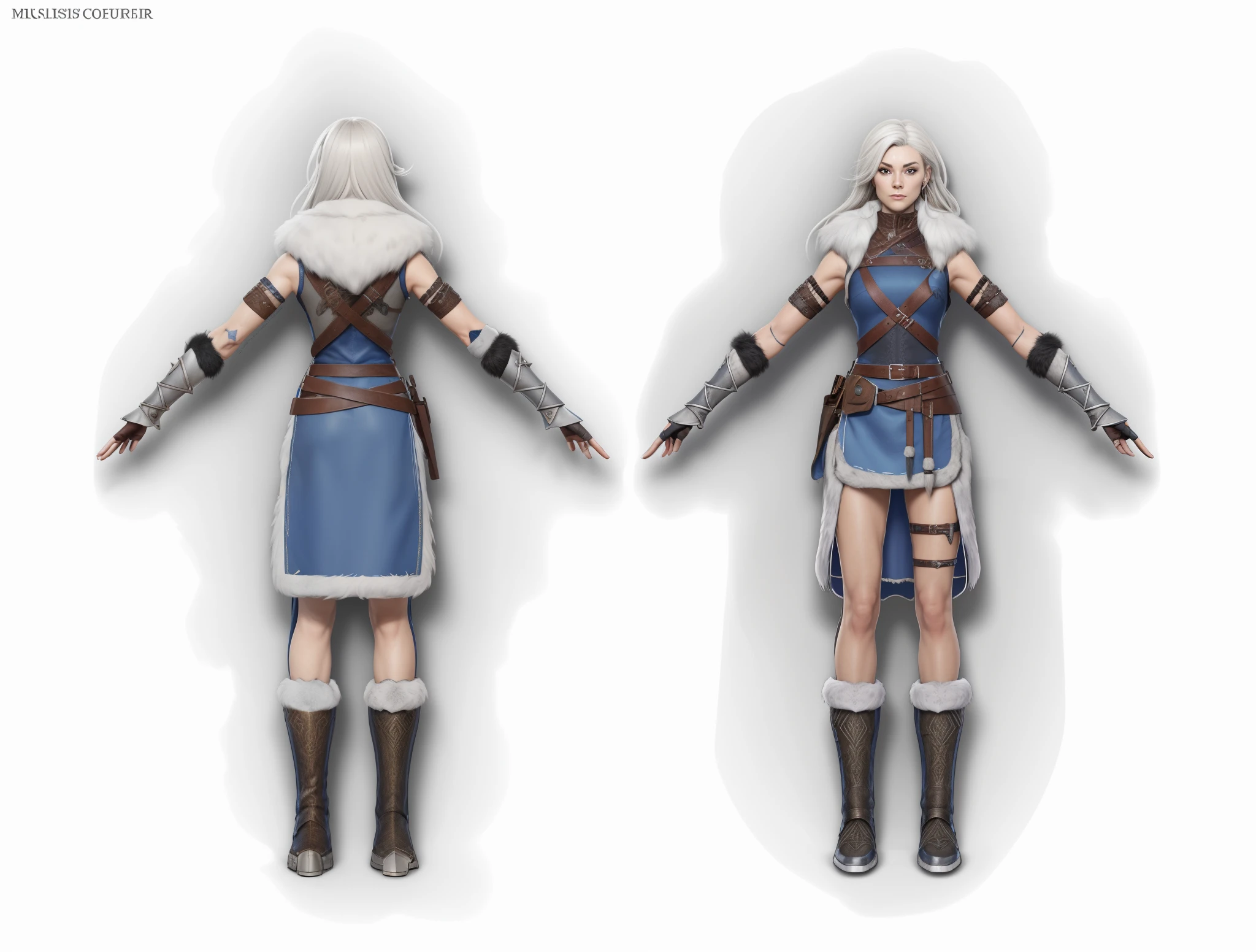 ( Realistic:1.33),(masterpiece:1.1),(highest quality:1.1),(HDR:1) a close up of a Viking woman warrior wearing armor and fur coat with rune tattoos , full body concept, detailed full body concept, Mulher guerreira viking com olhos azuis e cabelo loiro platinado, full body character concept,costume concept design, full body details, detailed full body concept art, full character body, character model sheet turnaround, fullbody shot turnaround, concept character sheet, full body concept art, reference model sheet , full body concept art, RPG style character, game character design, 3d character reference sheet, male, video game character concept, detailed character design, character sheet, character model sheet turnaround , front and back, front and back, grey clean background, 3D character, leather belt with leather knife bag, blue cloth, blue hem with fur