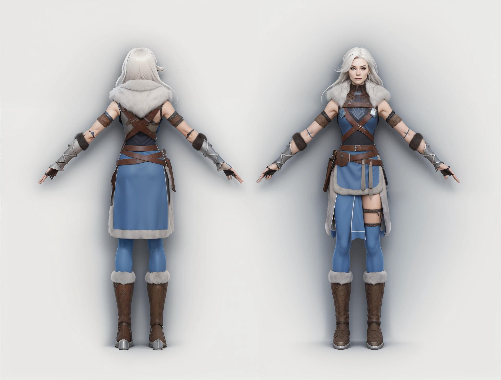 ( Realistic:1.33),(masterpiece:1.1),(highest quality:1.1),(HDR:1) a close up of a Viking woman warrior wearing armor and fur coat with rune tattoos , full body concept, detailed full body concept, Mulher guerreira viking com olhos azuis e cabelo loiro platinado, full body character concept,costume concept design, full body details, detailed full body concept art, full character body, character model sheet turnaround, fullbody shot turnaround, concept character sheet, full body concept art, reference model sheet , full body concept art, RPG style character, game character design, 3d character reference sheet, male, video game character concept, detailed character design, character sheet, character model sheet turnaround , front and back, front and back, grey clean background, 3D character, leather belt with leather knife bag, blue cloth, blue hem with fur