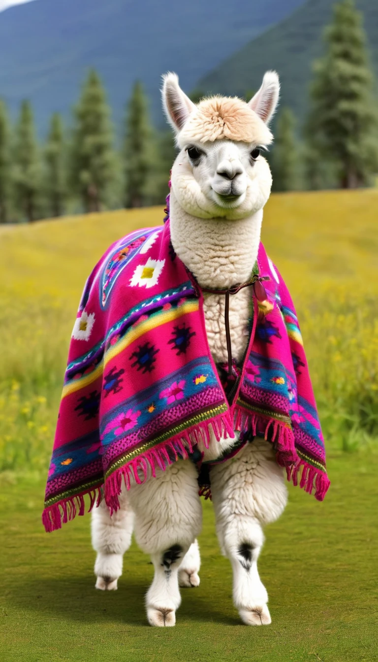 cute alpaca using poncho from peru , 3d, Burneum, inca outfit, meadows background
