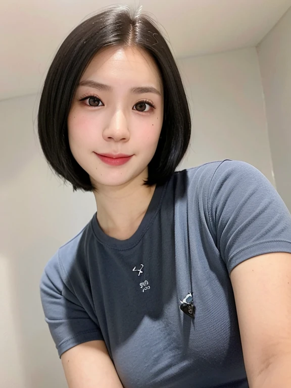 (kawaii 24 year-old Japanese girl, Nogizaka idol, Korean idol), (glossy black hair, messy very short hair, messy pixie cut, symmetric hair length, even length hair edges:1.3), (forehead), (extra rounded face, black eyes, single eyelid, no makeup, soft smiling:1.2), (wearing light blue t-shirt:1.3), (flat chest, extra small breasts:0.8), (looking at viewer:1.2), BREAK, (simple white background:1.3), (angle from below, portrait:1.3), BREAK, (masterpiece, best quality, photo realistic, official art:1.4), (UHD, 8K quality wallpaper, high resolution, raw photo, golden ratio:1.2), (shiny skin), professional lighting, physically based rendering, award winning, (perfect anatomy, highly detailed skin, extremely detailed face and eyes), Carl Zeiss 85 mm F/1.4, depth of field, 1girl, solo,