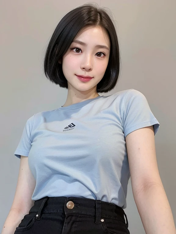 (kawaii 24 year-old Japanese girl, Nogizaka idol, Korean idol), (glossy black hair, messy very short hair, messy pixie cut, symmetric hair length, even length hair edges:1.3), (forehead), (extra rounded face, black eyes, single eyelid, no makeup, soft smiling:1.2), (wearing light blue t-shirt:1.3), (flat chest, extra small breasts:0.8), (looking at viewer:1.2), BREAK, (simple white background:1.3), (angle from below, portrait:1.3), BREAK, (masterpiece, best quality, photo realistic, official art:1.4), (UHD, 8K quality wallpaper, high resolution, raw photo, golden ratio:1.2), (shiny skin), professional lighting, physically based rendering, award winning, (perfect anatomy, highly detailed skin, extremely detailed face and eyes), Carl Zeiss 85 mm F/1.4, depth of field, 1girl, solo,