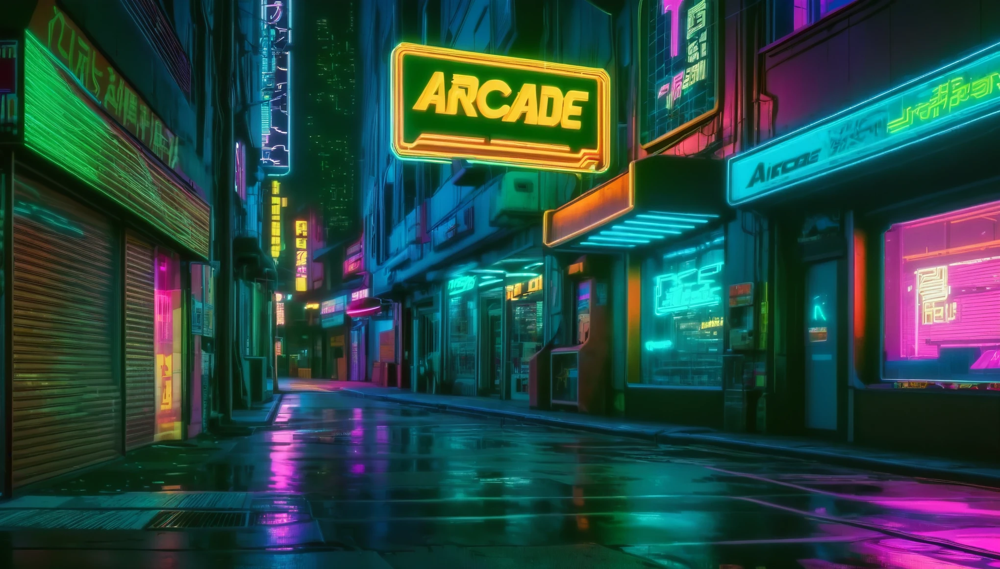 an 80s 90s Arcade seeing from outside, front, with "ARCADE" on a liminous sign, in a cyberpunk city, at night, ultra HD 4k, super detailed, everything looks perfectly made, cozy vibe