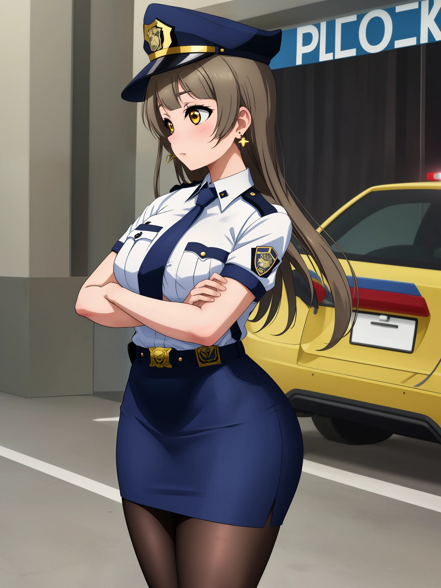 Masterpiece, best quality, slightly from side,(detailed face), minami kotori, curvy body ,white shirt,half sleeves,earrings, pencil skirt, necktie , standing, crossed arms,police cap,in police station, cowboy shot, thighs, wide hips , solo focus ,belt, pantyhose , skin tight  