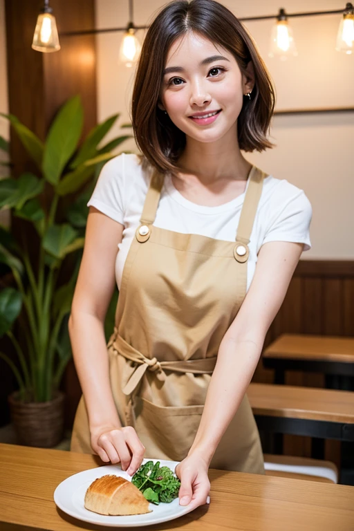 ((highest quality)), ((masterpiece)), (Familiar), Perfect Face, masterpiece、highest quality、High resolution、wallpaper、Realistic、Bright lighting、Professional Lighting、Face Light、smooth lighting、Japanese women、20th Gen Midplate、so beautiful、Beautiful Skin、Beautiful and detailed、Familiar顔、slim、moderately、short hair、Brunette colored hair、Brown eyes、Looking at the camera、Cafe sofa、 commercial photography, Beautiful Instagram Influencer Girls, The best smile,Daytime、Naked Apron