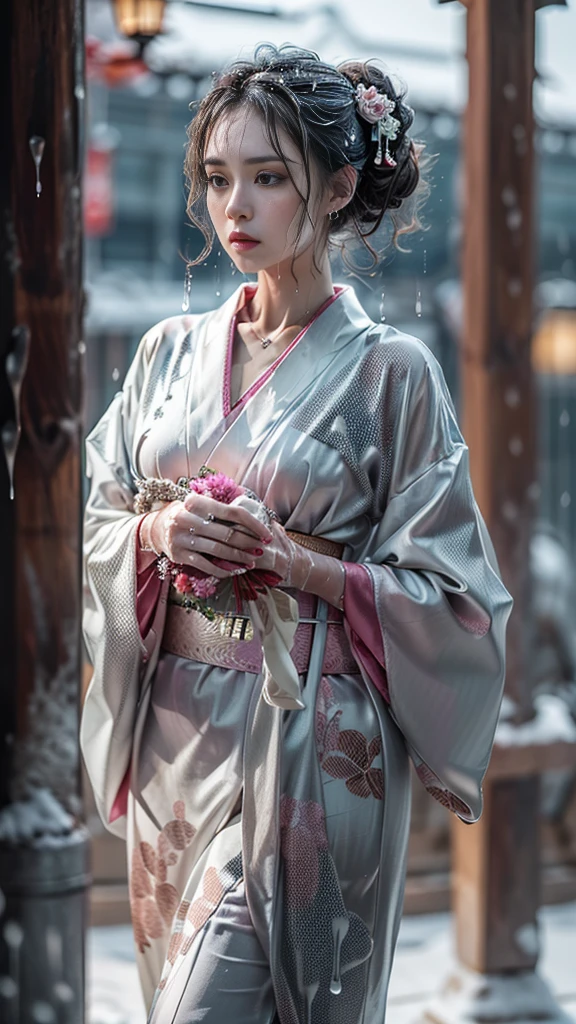 (Photorealistic:1.5, 8k, highest quality, masterpiece, Ultra-high resolution), (((heavy snow))), Perfect dynamic composition:1.2, (In front of a shrine at night in a modern city, Expressions of sadness:0.9, Low-angle shoot:0.9), Highly detailed skin and facial textures:1.2, Young woman getting wet in the rain:1.3, Fair skin:1.2, sexy beauty:1.1, Incredibly slim body:1.2, beautifully、aesthetic:1.1, Very beautiful face:1.2, Water droplets on the skin, (Rain dripping down on my body:1.2, Wet body:1.2, Wet Hair:1.3), (Professional kimono dressing, Holding a wet bouquet:1.2, Wearing a wet silver kimono correctly:1.3), (Medium chest, Bra is sheer, Chest gap), (Big eyes that exude beautiful eroticism:0.8, Lips that exude beautiful eroticism:0.8, woman's charm:0.8, Alluring:0.8), Observe the audience, Front image, necklace, Earrings, bracelet, wedding ring, Highly detailed and accurate hand and finger representation