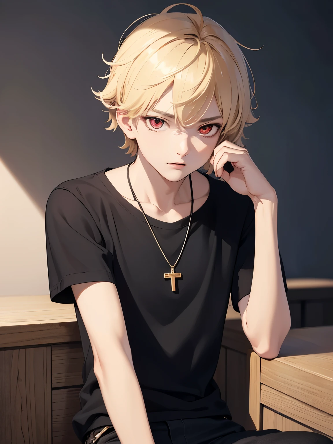 1boy,handsome,15 years old,Sit, looking away,half body photo,Perfect face, HD face, ultra detailed face, short hair, blonde hair, messy hair, bright red eyes, vampire, black t-shirt, black trousers, cross necklace,ultra detailed, ultra HD