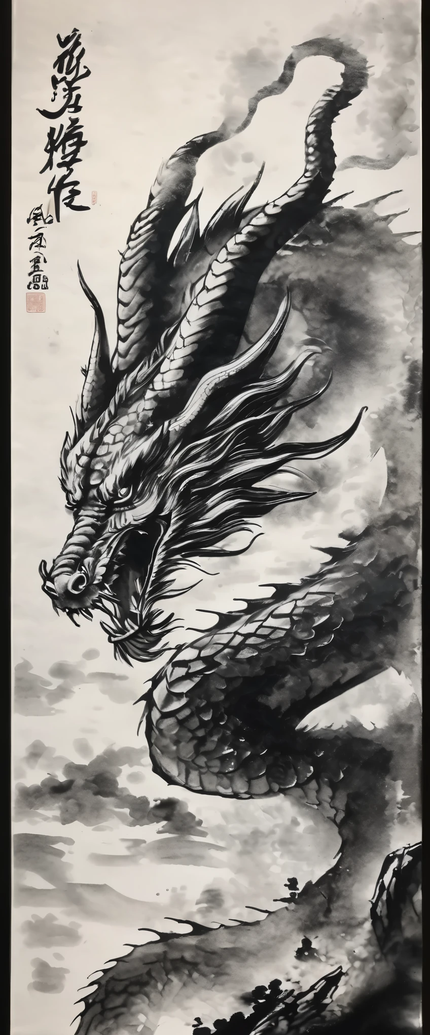 Ink painting of a dragon、Black and White Dragon、Black and white ink painting、Dragon ink painting、Divine Dragon ink painting、No people are depicted、A sumi-e painting of Shenron alone、