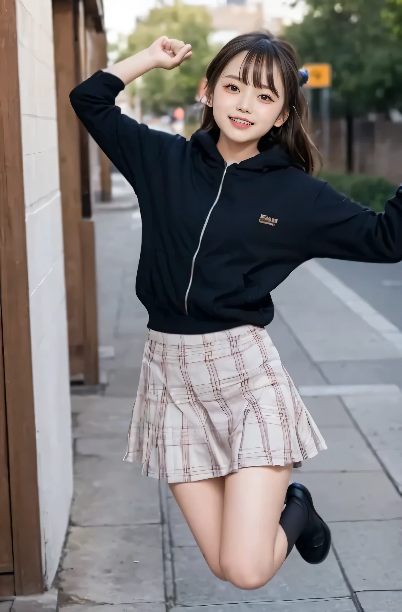 Tabletop, highest quality, (Outdoor、Schoolyard)、One Girl, (beautiful girl:1.3), (:1.2), Exceptional clarity, (Symmetrical eyes:1.3), ((Browsing Caution)), (Jump, , put out naked, Cute Skirt, put out naked:1.3), ((Jump:1.6))、Beautiful breasts, Brown eyes, parted bangs, brown hair, Upper teeth