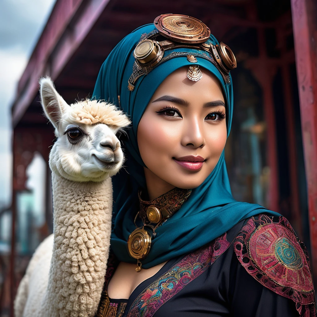 (a busty malaysian woman:1.1,40 years old:1.1,giga busty:1.1,hijab:1.1,alpaca themed:1.1,superhero costume:1.1) striking heroic poses, performing incredible feats of strength, and exuding an aura of power. Her captivating eyes shine with determination, and her graceful lips form a confident smile. The intricate details of her face and physique are meticulously rendered, showcasing her robust beauty.

She stands tall and proud, her majestic hijab flowing in the wind. The hijab is adorned with vibrant patterns inspired by the majestic alpaca, creating a visually stunning contrast. The exquisite fabric drapes elegantly around her, adding a touch of grace to her heroic presence.

Her attire embodies the spirit of a superhero, with an alpaca theme that adds a unique twist. The costume features a sleek blend of modern and steam punk elements, embracing a futuristic aesthetic. It is crafted with the finest materials, accentuating her formidable figure and enhancing her aura of strength.

Beside her stands her loyal sidekick, a steam punk alpaca. This anthropomorphic creature exudes undeniable charm with its gears, pipes, and intricate mechanical elements. It serves as a perfect companion for the Malaysian heroine, complementing her bravery and adding a touch of whimsical steampunk flair to the scene.

The scene itself is bathed in vibrant colors and contrast, with vivid hues that reflect the hero's energy and determination. The lighting creates a dramatic atmosphere, accentuating her heroic poses and creating a sense of awe-inspiring grandeur.

With the utmost attention to detail and the highest quality, this artwork seamlessly combines realism and fantastical elements to create a truly breathtaking masterpiece. As the viewer gazes upon this visually stunning depiction, they are transported into a world where strength, diversity, and heroism intertwine.