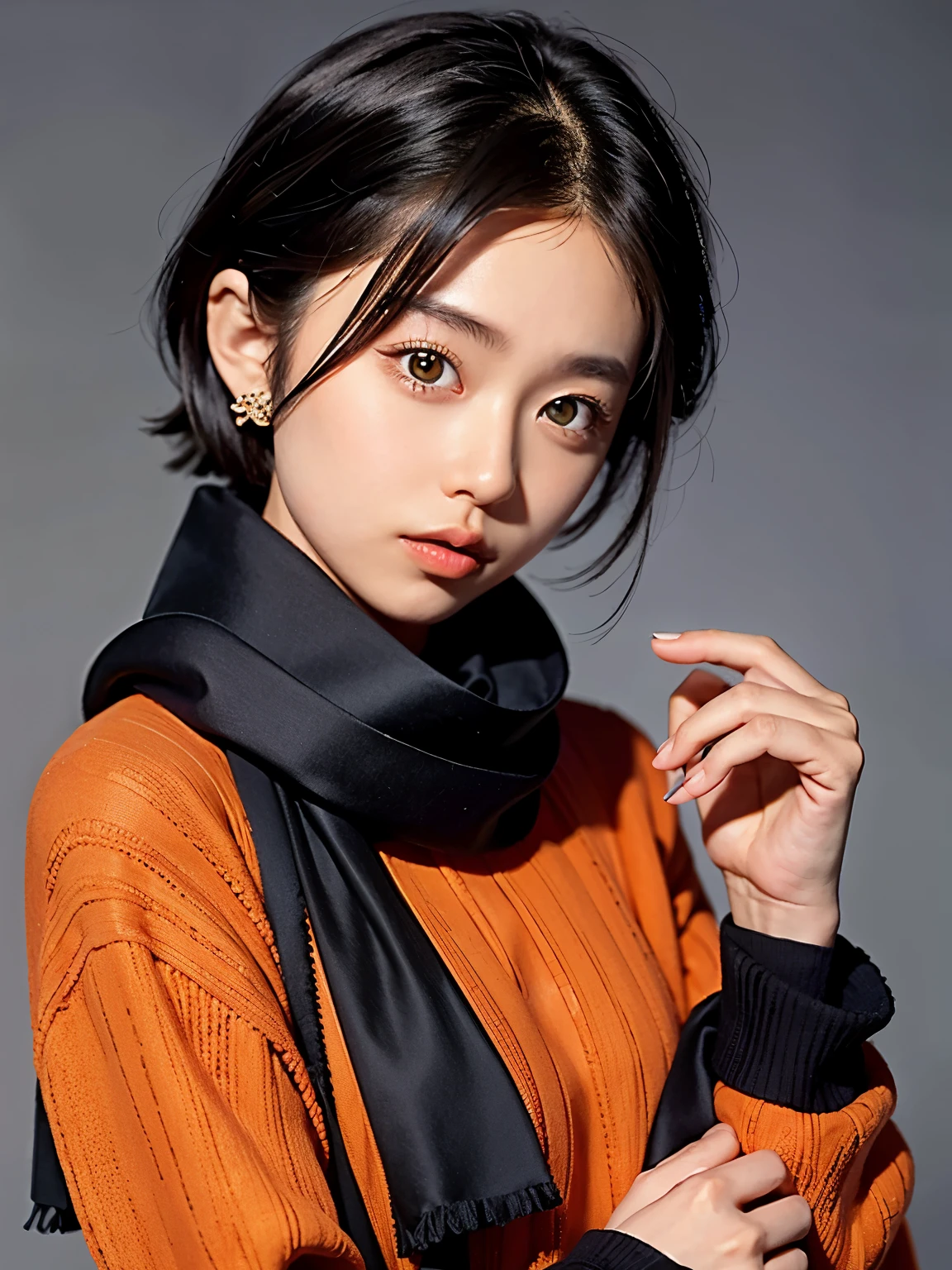 (Ogawa Noriko)、One girl, alone, View your viewers, short hair, Simple Background, Black Hair, Long sleeve, Upper Body, parted lips, scarf, Manicure, Iris, sweater, lips, Slope, Book, Slope background, ring, Orange background