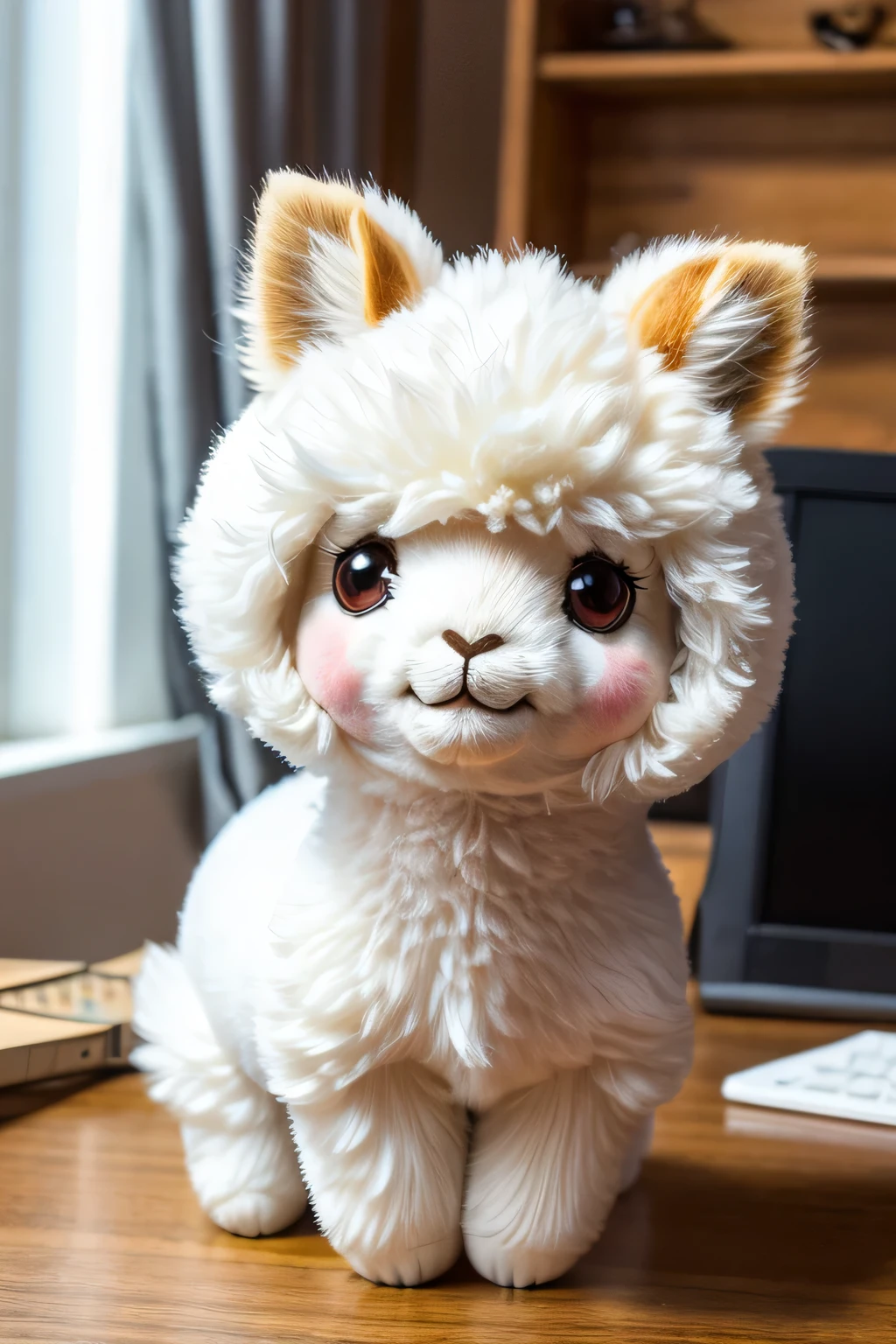 An Alpaca, Cute stuffed alpaca, long neck, fluffy, like in Pokemon, on desk,
(best composition), (Masterpiece), (Best Quality), (intricate Detailes),