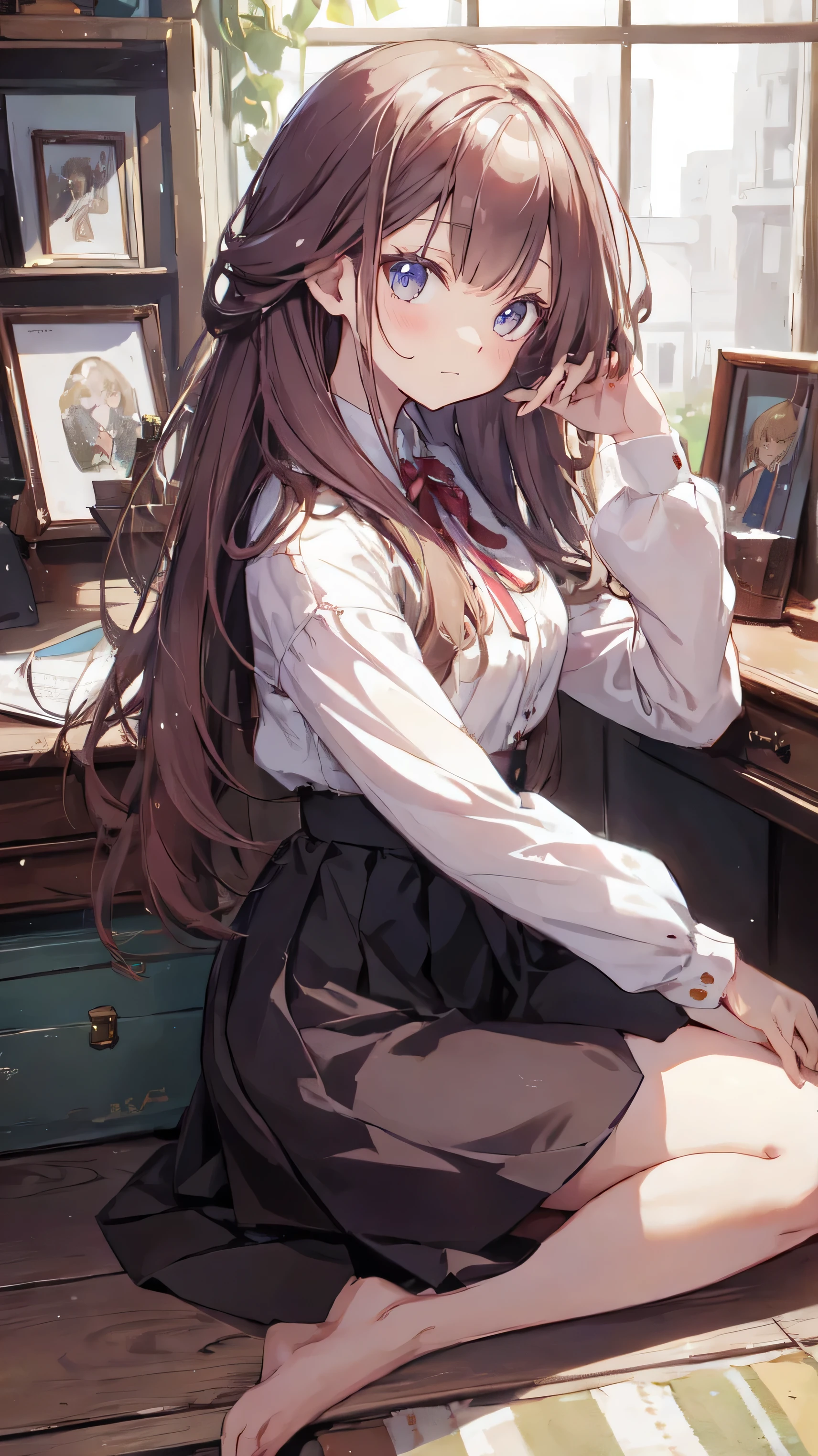Masterpiece、Highest quality、highest quality、 ((panic))、Shiny hair quality、Small face、Sitting、Super detailed and beautiful bright eyes、Super detailed clear and beautiful face、(cute illustration:1.2), High-resolution, ultra-detailed, best quality, embarrassed、skirt、(Thighs)
