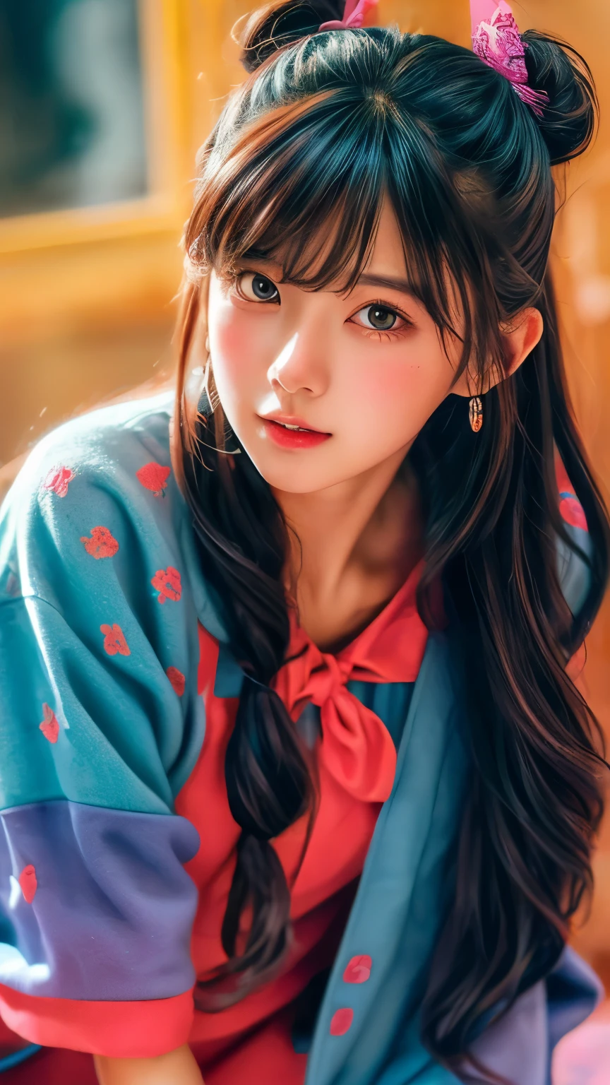 (masterpiece、highest quality、Official Art:1.2)、(colorful)、who should look'Watching、1 girl、Portraiture、alone、Colorful floating on water、Random sexy poses、peekaboo、Pointing to the cheek