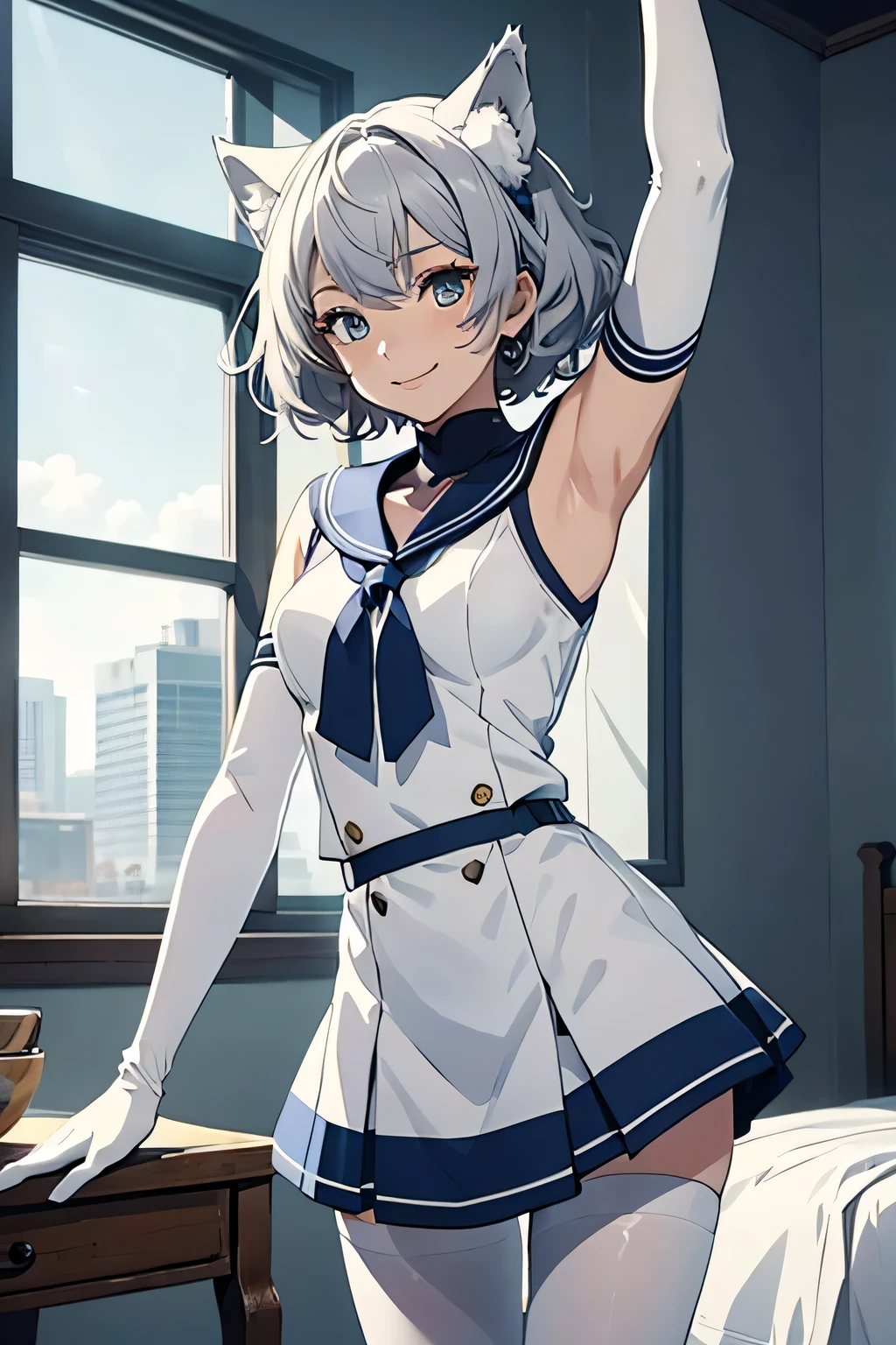 Tabletop Best image quality wonderful Attention to detail One Young Woman((Adult))Anime Style White Sailor Suit(Sleeveless) Navy blue mini skirt Pure white gloves(Elbow Gloves) Stretch your arms White Pantyhose(Plain) wolf ears short hair((Shortcuts)(Gray Hair)(Curly Hair)(fluffy)) smile(Happy) Eye color is blue background(Bedroom) View from below