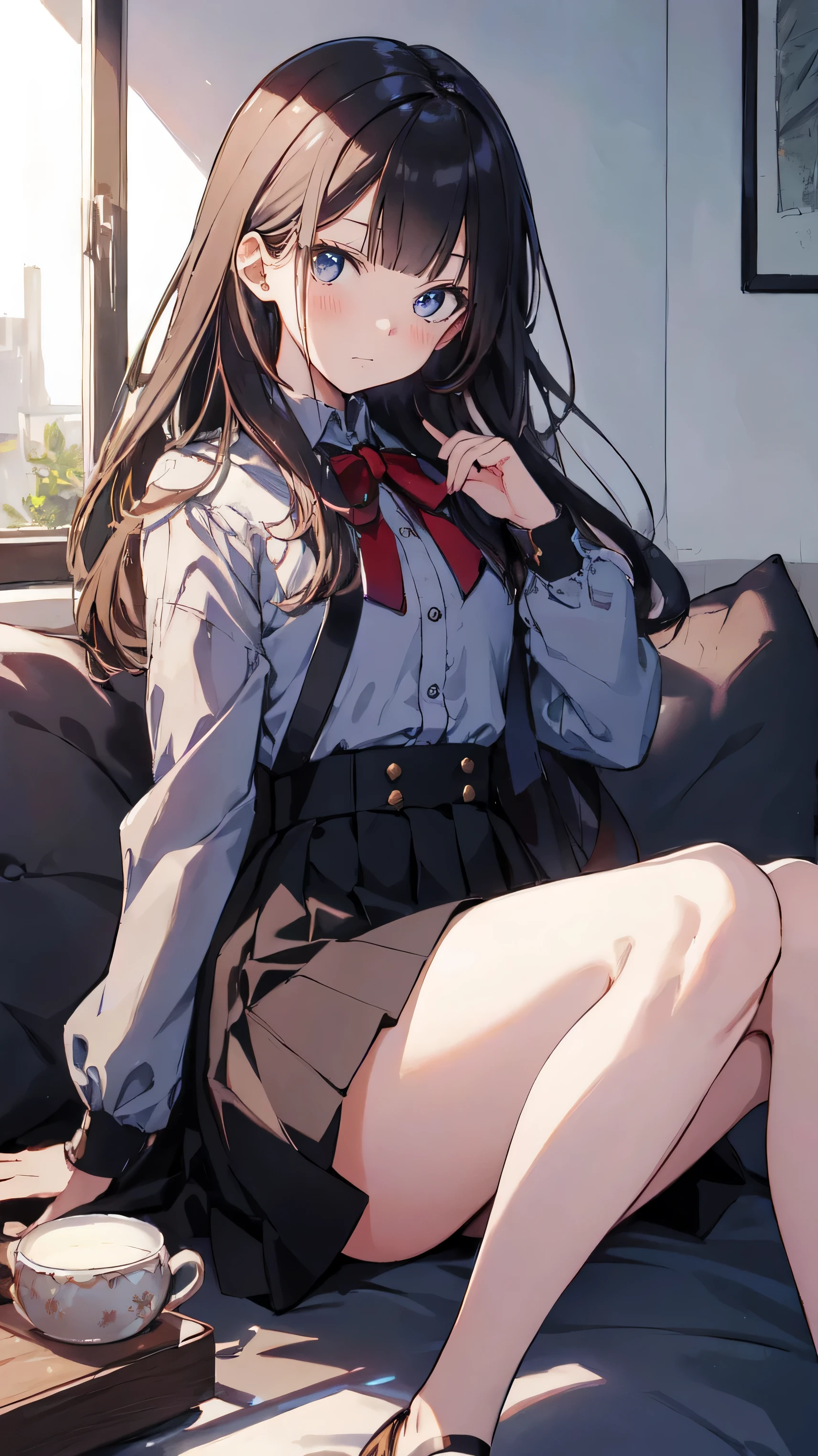 Masterpiece、Highest quality、highest quality、 ((panic))、Shiny hair quality、Small face、Sitting、Super detailed and beautiful bright eyes、Super detailed clear and beautiful face、(cute illustration:1.2), High-resolution, ultra-detailed, best quality, embarrassed、skirt、(Thighs)