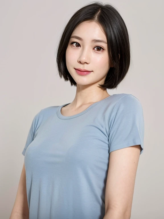 (kawaii 24 year-old Japanese girl, Nogizaka idol, Korean idol), (glossy black hair, messy very short hair, messy pixie cut, symmetric hair length, even length hair edges:1.3), (forehead), (extra rounded face, black eyes, single eyelid, no makeup, soft smiling:1.2), (wearing light blue t-shirt:1.3), (flat chest, extra small breasts:0.8), (looking at viewer:1.2), BREAK, (simple white background:1.3), (angle from below, portrait:1.3), BREAK, (masterpiece, best quality, photo realistic, official art:1.4), (UHD, 8K quality wallpaper, high resolution, raw photo, golden ratio:1.2), (shiny skin), professional lighting, physically based rendering, award winning, (perfect anatomy, highly detailed skin, extremely detailed face and eyes), Carl Zeiss 85 mm F/1.4, depth of field, 1girl, solo,
