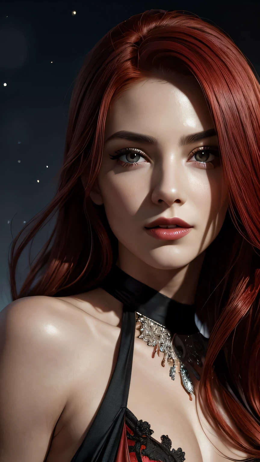 portrait shot, ((vivid red hair)), mature woman, 30 years old, diamond face, moonlight, red starry sky background, depth of field, magic, big red lips, ((dark and red black eyes)) black and red long and full dress, covered chest, mystical atmosphere, ominous shadows, Intense blue aura, Intense red aura (best quality:1.2), absurdres, intricate details, (highly detailed skin:1.2), smile expression, posing, taut and well defined body, attractive. Highly realistic, pale skin, beautiful, hyperrealism, skin very elaborated, direct gaze, (RAW, analogue, Nikon Z 14mm ultra-wide angle lens, award-winning glamour photograph, ((best quality)), ((masterpiece)), ((realistic)), skin pores, subsurface scattering, high-res, detailed facial features, high detail, sharp focus, smooth, aesthetic, extremely detailed, (extremely detailed eyes, extremely detailed iris), extremely detailed hair, extremely detailed skin, extremely detailed clothes, octane render, photorealistic, realistic, post-processing, max detail, realistic shadows, roughness, natural skin texture, real life, ultra-realistic, photorealism, photography, 8k UHD, photography, hdr, intricate, elegant, highly detailed, sharp focus, stunning, beautiful, gorgeous), realistic, masterpiece, highest quality, movie still, cloud girl, floating in the sky, (close-up:1.1), medium breast, bright, happy, fun, soft lighting,
