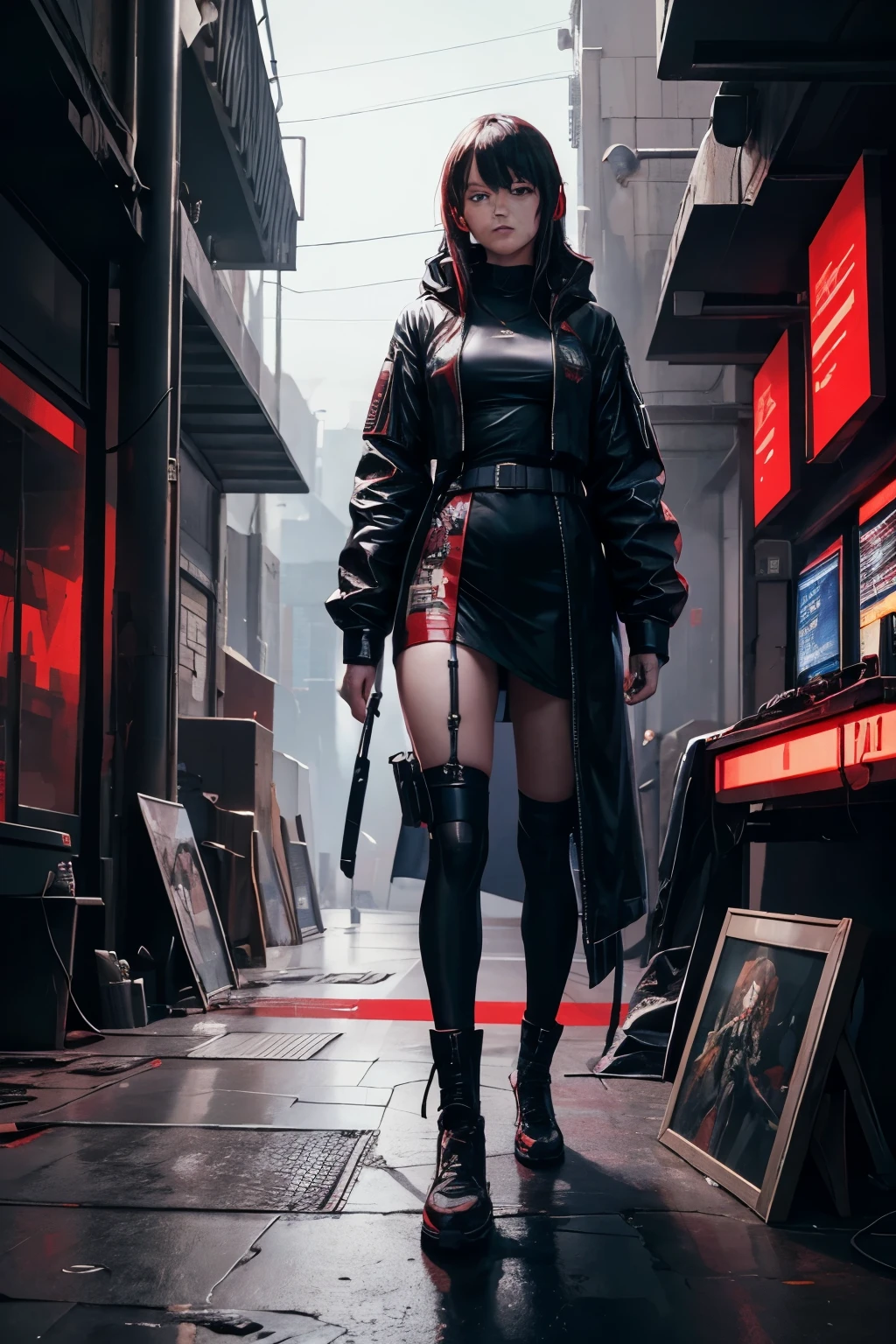 Game of the original painting,illustration,Black and red outfit、 4k konachan wallpaper,, Cyberpunk, hacker,hacker,Machine torso