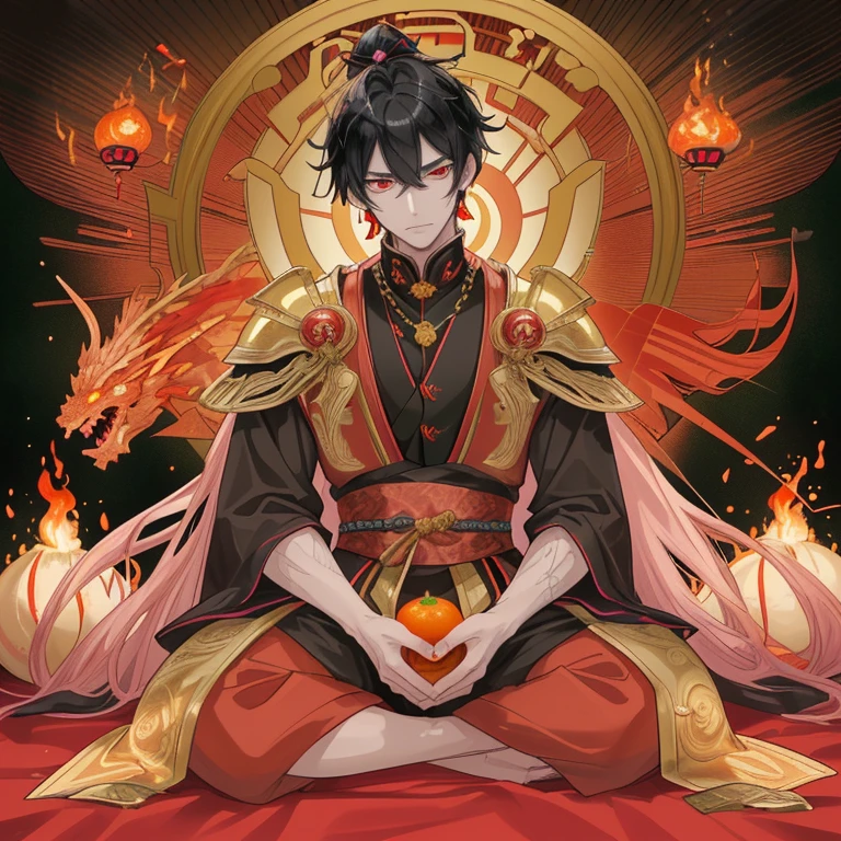 Look like a Young 20yr man but is can turn into light and dark element Anserine (https://www.dragon-mania-legends.wiki/wiki/Category:Anserine-Style_Dragons) emperor dragon (https://www.dragon-mania-legends.wiki/wiki/Emperor_Dragon), male boy gender, black hair with some flame shaped plates of oranges and reds streak, his eyes are a fiery red with orange specks, Golden, plated armor covers his neck, A golden helm with a pink jewel encrusted in the center covers the snout and continues beyond the head into flame shaped plates of oranges and reds, The four plates covering its back have a pink jewel embedded in each. The arms and feet are protected by straps of more golden armor, have a katana with fired/light/dark and golden pattern on his, sitting while drink a green matcha tea, heart-kind face with some scar, japanese theme, a Young-looking male emperor,