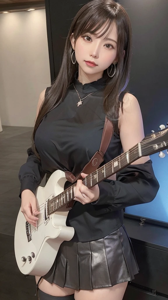 (highest quality, masterpiece: 1.2), Ultra-high resolution, Realistic, complete lighting, Intricate details, Exquisite detail and texture, 1 Girl, guitarist playing guitar, The guitar is a blue metal electric guitar that mixes blue and white., passionately play the electric guitar, he is a very famous guitarist, he is quite popular, he has many fans, The venue lights illuminate the characters and guitars beautifully., alone, (young), Facial highlights, Upper Body, Detailed face, punctum, White skin, brown hair, ponytail, Braid, Viewer, Big eyes, Earrings, Normal Breast, Slender body, Professional Lighting, Photon Mapping, Radio City, Physically Based Rendering, Wearing a black shirt, Cute black shirt with a tight figure, wearing a dressed shirt over a top, Wearing a tanned pleated skirt, A long-sleeved red shirt、Folded to reveal cuffs, expression is singing, wrinkles form between the eyebrows, she is wearing a pretty silver necklace, she is wearing a silver jewelry bracelet, she wears a round watch on her wrist, her skirt is almost black, Her hand is only 5 out, The venue is an idol venue, she wears black knee stockings, and、It is the background of the stadium venue.