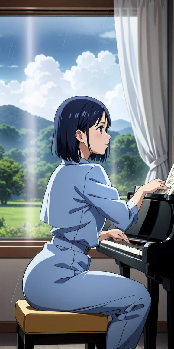 estilo ghibli, A scene of one cute sensual girl sitting playing the piano in her room in short pajamas, rabo de cavalo, medium breasts, sensual, vista traseira, bunda bonita, bela vista de sua bunda, aconchegante, um pouco escuro e azul por dentro, Um leve, warm light comes in between the curtains where you can see a rainy gray sky and trees in a countryside landscape, um gato branco dormindo, Studio ghibli style illustration, grande angular, linhas simples, ghibli, obra-prima, beautiful anime scenery, piano antigo, REAR VIEW, anime still image, Anime screenshot patterns, vestido transparente, corpo escultural perfeito e detalhado, "Ultra-HDR" detalhado e com efeito de foco, (obra de arte: 1.2, melhor qualidade), (beautiful eyes with finely detailed huge eyelashes: 1.2), , ((Sozinho)), (olhos finamente detalhados e rosto detalhado :1.3), perfect hands with 5 fingers and ultra detailed, tocar piano, piano antigo