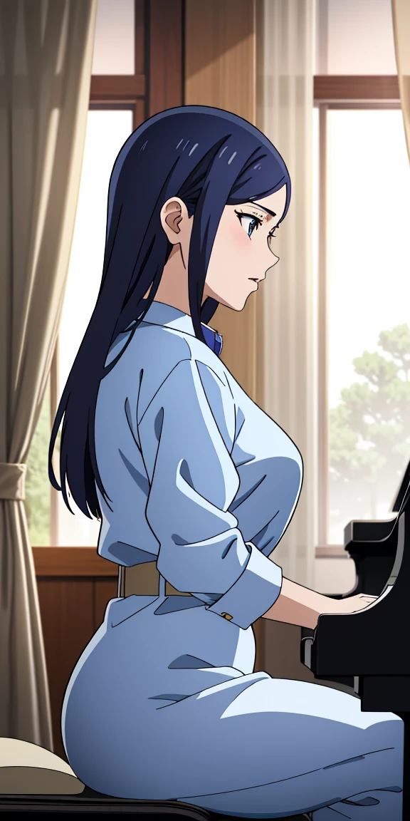 estilo ghibli, A scene of one cute sensual girl sitting playing the piano in her room in short pajamas, rabo de cavalo, medium breasts, sensual, vista traseira, bunda bonita, bela vista de sua bunda, aconchegante, um pouco escuro e azul por dentro, Um leve, warm light comes in between the curtains where you can see a rainy gray sky and trees in a countryside landscape, um gato branco dormindo, Studio ghibli style illustration, grande angular, linhas simples, ghibli, obra-prima, beautiful anime scenery, piano antigo, REAR VIEW, anime still image, Anime screenshot patterns, vestido transparente, corpo escultural perfeito e detalhado, "Ultra-HDR" detalhado e com efeito de foco, (obra de arte: 1.2, melhor qualidade), (beautiful eyes with finely detailed huge eyelashes: 1.2), , ((Sozinho)), (olhos finamente detalhados e rosto detalhado :1.3), perfect hands with 5 fingers and ultra detailed, tocar piano, piano antigo