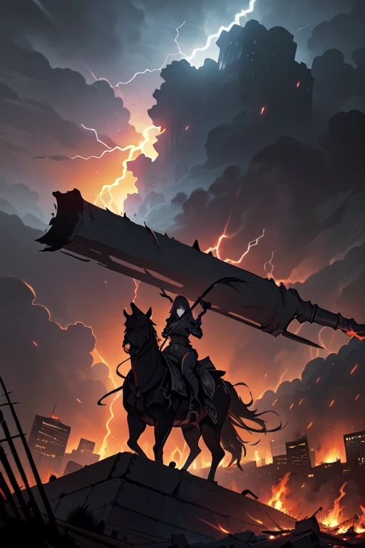 (a person is standing on top of a hill, overlooking a burning city in the midst of a thunderstorm,a person looks out over a burning city from the top of a hill,as a thunderstorm rages overhead. A skeletal figure wielding a scythe descends from the sky,riding on a tank, a death god descends from the sky on a tank, wielding a scythe, as lightning crackles and the city burns below.)
(highres,HDR,photorealistic:1.2),ultra-detailed, (Vivid colors, intense contrast), (stormy, dark, sinister atmosphere), storm clouds loom overhead, casting dramatic shadows on the scene. (The thunderstorm intensifies, with bolts of lightning illuminating the sky), the lightning provides a stark, otherworldly illumination to the scene, adding to the dramatic effect. The rain pours down in sheets, drenching the burning city below and causing the flames to flicker and dance. The city is engulfed in chaos and destruction, with buildings collapsing, fires raging, and smoke billowing into the sky. The air is thick with ash and the smell of burning debris.)
(The person standing on the hill is filled with awe and despair as they witness the devastation before them. Their face is filled with a mixture of horror, sorrow, and determination. Dressed in tattered clothing, they grip the edge of the hill tightly with one hand, as if seeking support. The wind whips through their hair and clothes, adding to the sense of movement and dynamic energy in the scene. Their eyes are wide with fear and anticipation, as they anxiously wait for the arrival of the death god.)
(The death god is a menacing figure, shrouded in darkness. Their skeletal form is visible through the tattered remnants of a cloak, which billows in the wind as they descend from the sky. They hold a gleaming scythe in one hand, a symbol of impending doom. The tank they ride on is a massive, formidable machine, covered in dark armor and adorned with eerie, glowing symbols. The tank's treads grind against the ground as it lands, creating a sense o