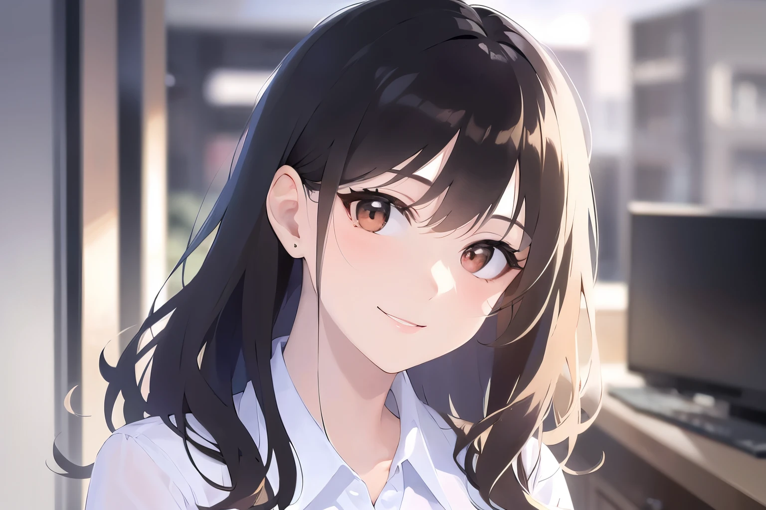 head tilt、Upper Body, Realistic, real person, (pale skin: 1.2), RAW photo, photorealistic, portrait photography, shiny skin, shiny hair、(25 year old woman with medium hair with bangs) and (wavy hair) and (brown hair) and (orange eyes) , (Wearing a business suit:1.5) and (Wearing a white collared shirt)、(smile:1.3), The background is the office、Alone、Are standing、Bold composition
