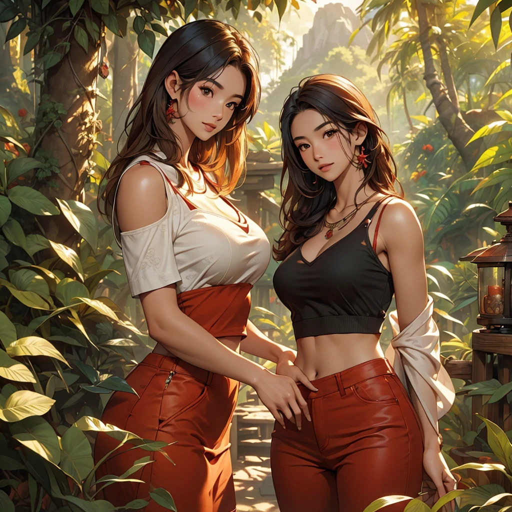 ((best quality)), ((masterpiece)), (detailed), perfect detailed face very beautiful Asian, short red curve-in hair, big bust, tight cropped top, shiny skin, standing, trees, jungle, mountain, breeze, HDR light, nature, warm daylight