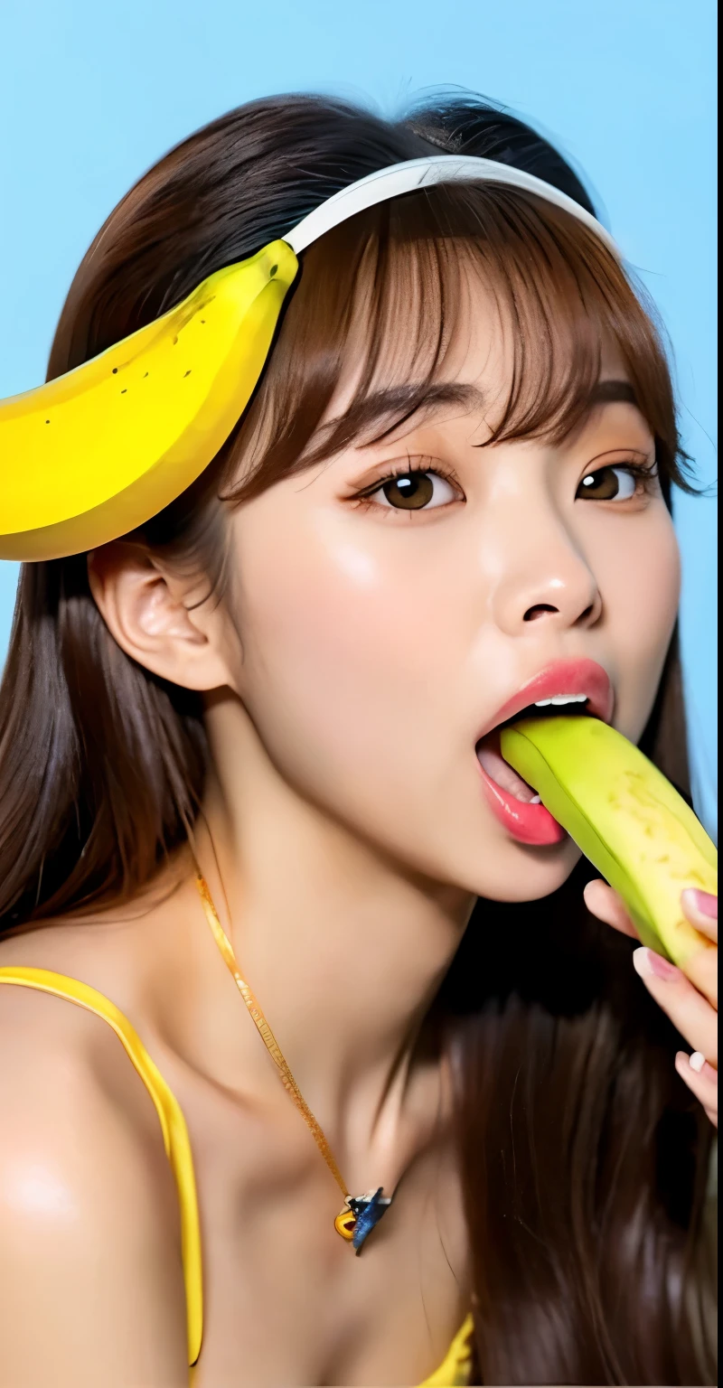 tiara、long hair、ponytail、Big Mouth、Taehyung eating a banana, Jimin\plump lips,she is eating a banana, sakimichan, duck face, Banana color,