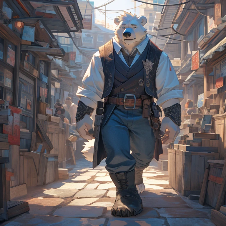 Barefoot furry character, full body, furry boy.
Polar bear, denim pants, black walking boots, nice feet paws, wearing a vest, sword
BREAK, detailed background, 8K, (masterpiece), intricate details, highly detailed, extreme detail, best quality, highres, (detailed face), nice face, ((full_body)), UHD, ((perfect hands)), ((clean anime))