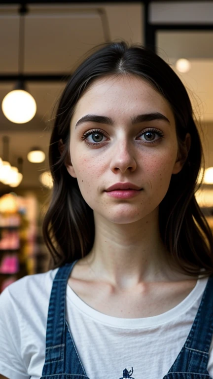 A 28-year-old woman wearing a Polina Tkach-style t-shirt, with an exhausted expression, nice eyes with long eyelashes, detailed lips and face, standing by a store. The scene is viewed from below, with soft, warm lighting. The artwork has photorealistic details and vivid colors. The medium is a mix of illustration and digital painting, giving it a unique, artistic style. The overall tone of the image is cozy and inviting