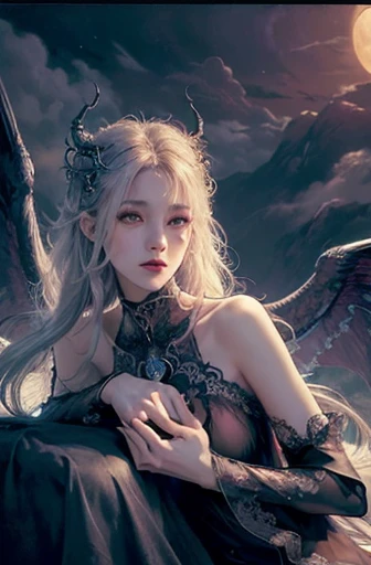 ((best quality)), ((masterpiece)), (detailed), alluring slender succubus, ethereal skinny beauty, gorgeous face, perfect and detailed facial features, perched on a bed (fantasy illustration:1.3), enchanting gaze, captivating pose, delicate wings, otherworldly charm, mystical sky, (Luis Royo:1.2), (Yoshitaka Amano:1.1), moonlit night, soft colors, (detailed cloudscape:1.3), (high-resolution:1.2)