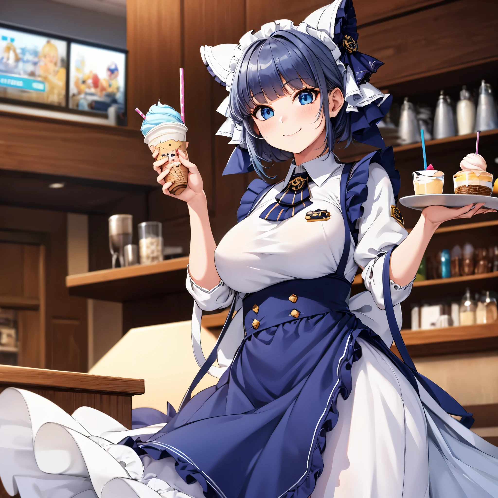 A woman wearing a maid uniform, long skirt, neko ears, kawaii face. blue eyes, blue bangs, some blue hair, gray hair. smiling, holding a tray with milkshake. in an ice cream parlor, half long women's stand.,HDR, ultra resolution, well defined, masterpiece, 8K HD. (solo woman)
