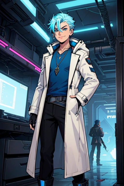 male, brownish tan short hair, blue eyes, (((1boy))), (((white cyberpunk coat with blue trim))), (black long sleeve v-neck t-shirt), (necklace with dragon head pendant), (black pants with blue trim), (black white cybernetic boots), (black fingerless gloves), long legs, smiling, single person