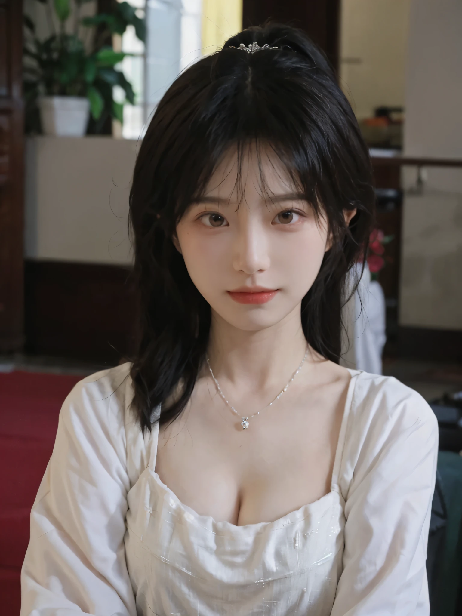 best quality， ultra high resolution， （realistically：1.4），cute hairpin，Baoyu Girl，Standing in the wedding hall，（flat chest：1.2） ，A pair of clear and charming peach blossom eyes,Royal sister，The sun shines on the face，Big wavy hairstyle，（necklace：1.2），（White skin：1.4），a sense of atmosphere，a beautiful girl，Looking directly at the viewer， Close-up cleavage ，(lifelike:1.4),1 girl,Sexy,(Upper body:1.4),(wet),(:1.2)