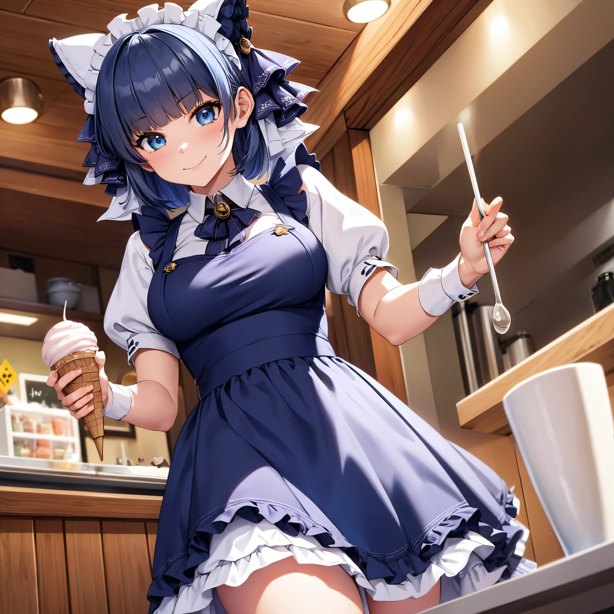 A woman wearing a maid uniform, long skirt, neko ears, kawaii face. blue eyes, blue bangs, some blue hair, gray hair. smiling, holding a tray with milkshake. in an ice cream parlor, half long women's stand.,HDR, ultra resolution, well defined, masterpiece, 8K HD. (solo woman)