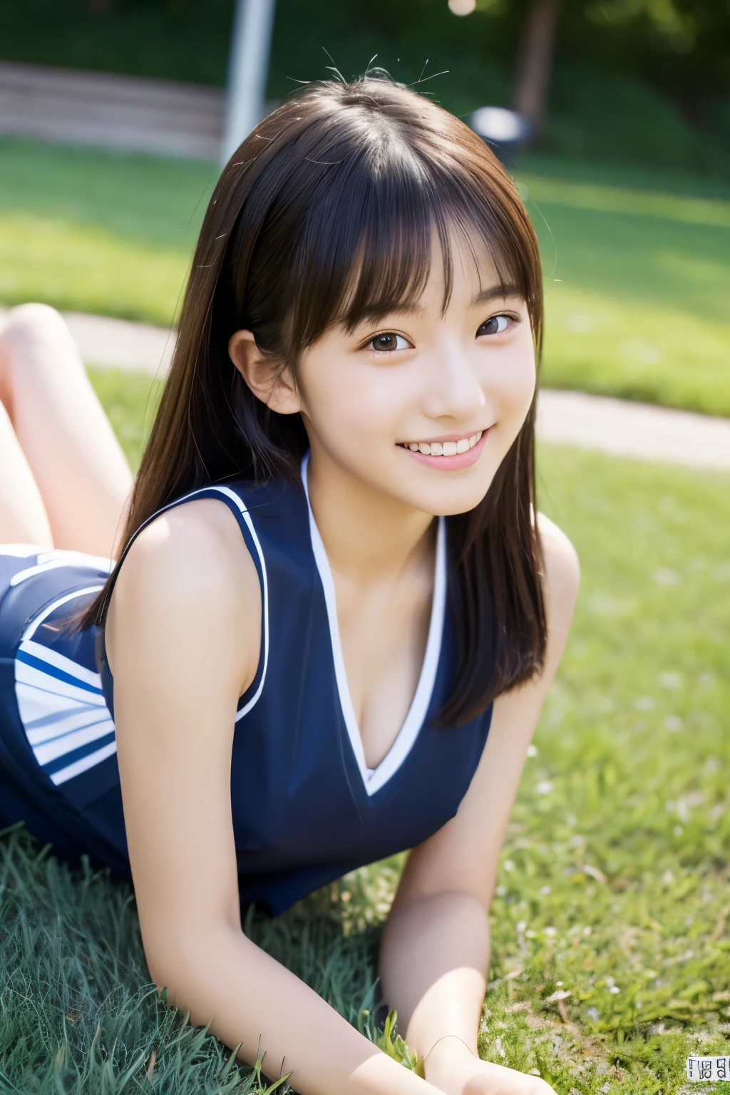 masterpiece、超High definition、great work、A -yeld Jaese girl with a very cute idol-like face and youthful features.、Gentle and cute、A kind smile、She is on the school's cheerleading team、Cheerleader uniforms are bikini-style and show off cleavage、larger bust、Whole body、Lying on the grass、Raw photo、Real、Artistic、Genuine、High definition、Real Life、No copyright notice
